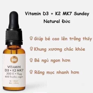 Vitamin D3 K2 Mk7 Sunday Natural 20ml Đức dùng cho bé từ sơ sinh - Date mới Chính hãng