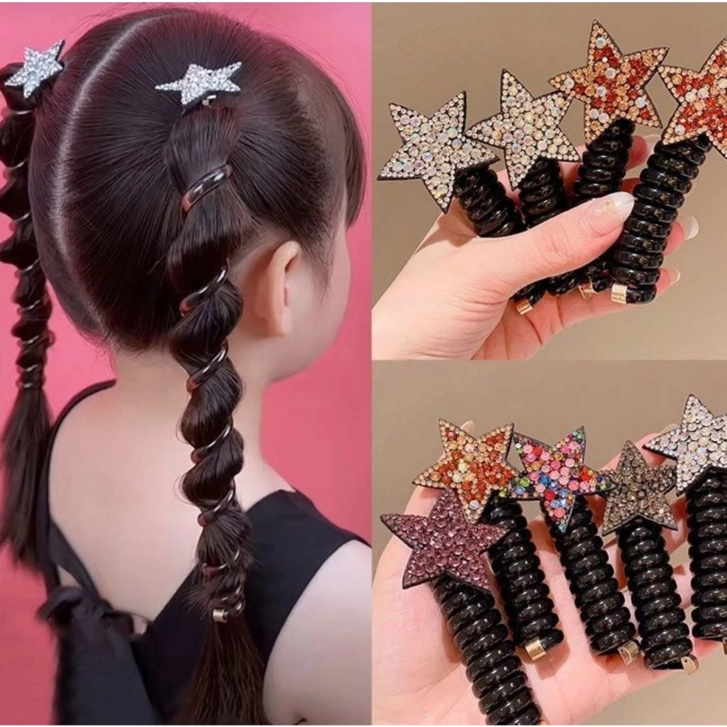 Dây Buộc Tóc Dạng XOẮN LÒ SO ĐÀN HỒI HÌNH NGÔI SAO Năm Cánh Đính Đá Cho Bé Gái