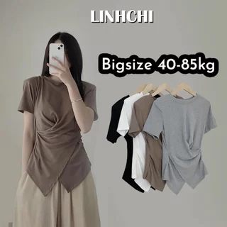 Áo thun nữ Linhchi Studio áo thun trơn body cổ tròn nhúm eo vạt chéo bigsize xoắn eo ôm body (mã 006)