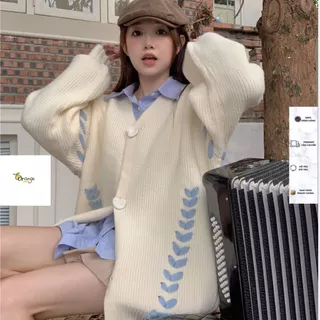 Áo Khoác Cardigan Dáng Dài from Rộng Tay Dài Cổ V Phối Họa Tiết Thêu Màu Siêu Xinh Hàng Qccc Phù Hợp Mọi Lứa Tuổi Orange