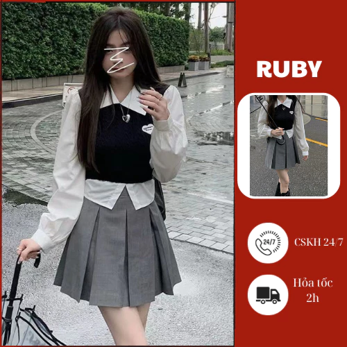 Áo sơ mi Croptop Ruby có phối ghi - lê, Áo sơ mi dài tay dáng ngắn phong cách học sinh Hàn Quốc