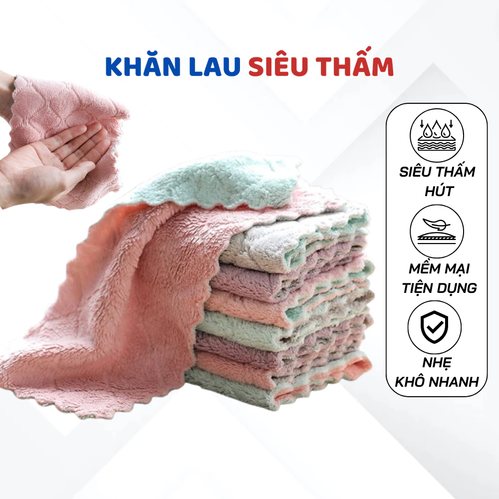 Combo 5 Khăn Lau Đa Năng Siêu Mềm Mịn Thấm Hút, Khăn Lau Nhà Bếp Đa Công Dụng Dễ Dàng Vệ Sinh