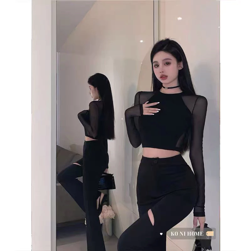 Áo kiểu thun lưới tay dài cổ tròn cao croptop cho nữ