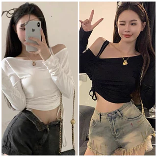 Áo kiểu thun croptop trễ vai dây rút tay dài cute cho nữ