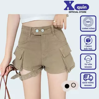 Quần sọt nữ kaki túi hộp cạp cao 2 nút khoét đùi cực cá tính Xquin, Quần đùi nữ lưng cao phối túi ôm body cực tôn dáng