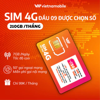 Sim 4G Vietnamobile siêu ưu đãi Data 7GB/ngày, Số đẹp đầu 09, Tặng 50p ngoại mạng, Miễn phí nội mạng, Đăng ký chính chủ.