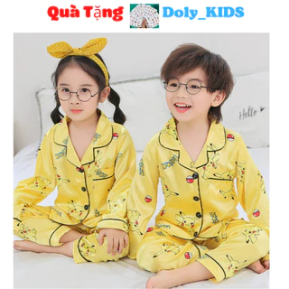 Bộ Pijama Cho Bé Trai bé Gái DOLY KIDS, Đồ bộ ngủ dài tay Chất Phi Lụa In Hình Pikachu Cực Yêu Cho Bé Trai Từ 6-27kg