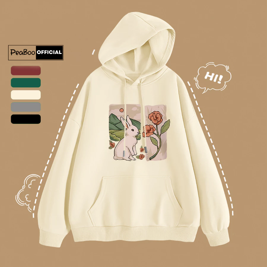 Áo Hoodie Thỏ Trắng Cute Nam Nữ By PEABOO Unisex Chất Nỉ Lót Bông Mũ 2 Lớp Form Rộng