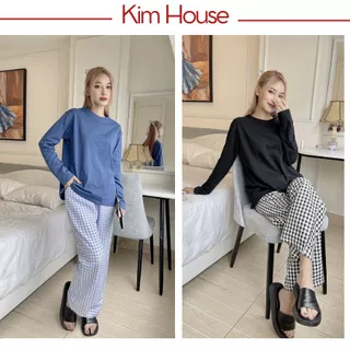 Đồ Bộ Mặc Nhà, Bộ Đồ Ngủ KIMHOUSE Tay Dài Vải Thun Xược Cotton Trơn Và Quần Dài Caro Siêu Xinh | B02