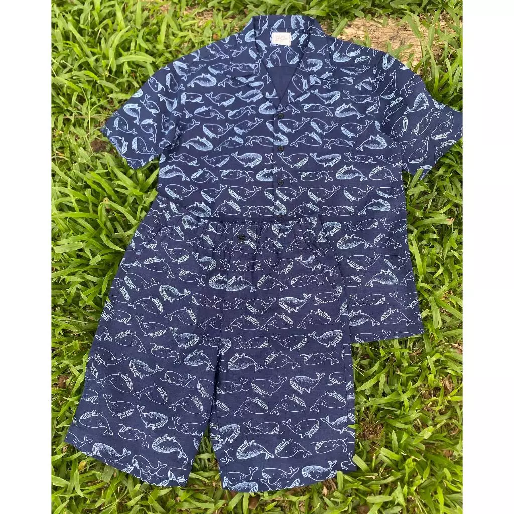 Set Áo Cuban Shirt Quần Short Nam Linen In Họa Tiết Blue Whale