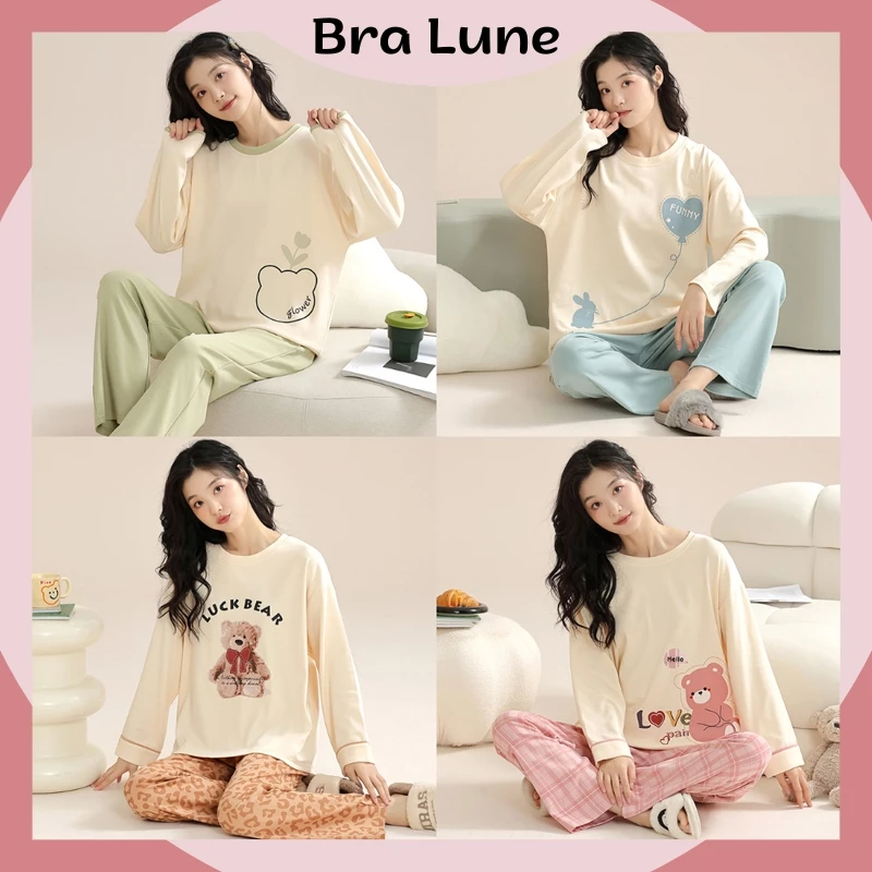 Bộ Đồ Ngủ Nữ Cotton Dài Tay Đáng Yêu BRALUNE, Đồ Ngủ Nữ Pijama Mềm Mại Thoải Mái