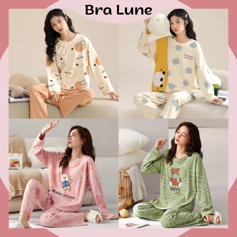 Bộ Đồ Ngủ Nữ Cotton Họa Tiết Đơn Giản Dễ Thương, Đồ Ngủ Nữ Pijama Dài Tay Thoáng Khí Cực Thoải Mái