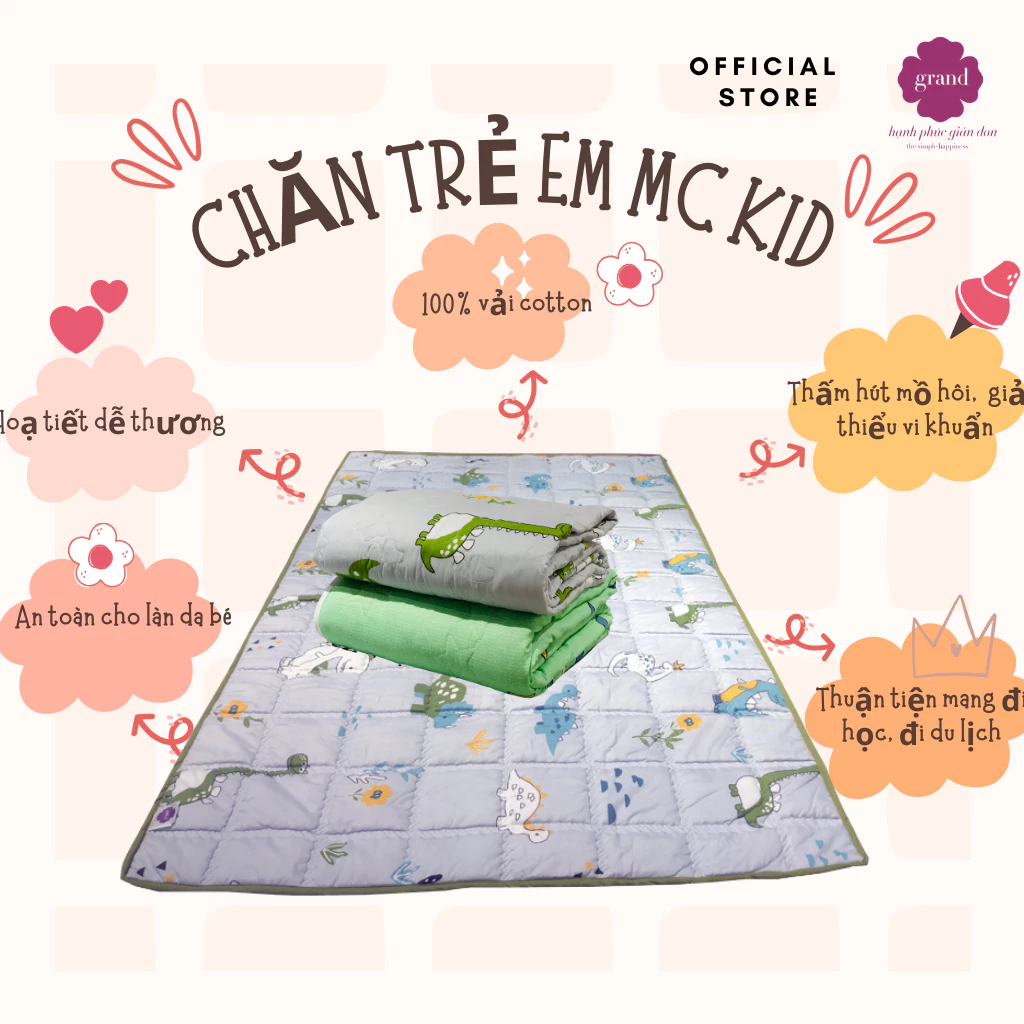 Chăn mền cho bé - MC kids sợi cotton siêu mềm Grand, mền cho bé đi học hoạ tiết dễ thương -120x185