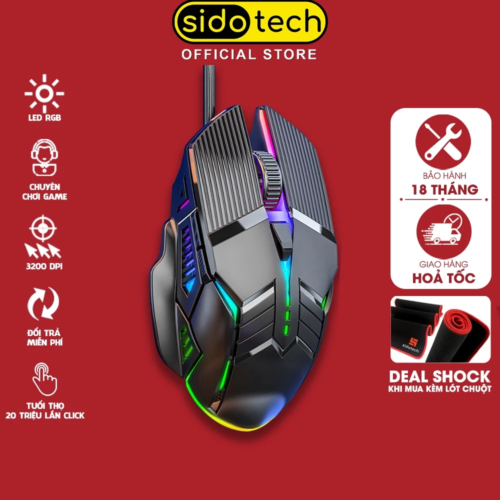 Chuột máy tính gaming có dây SIDOTECH S800 đèn led RGB 6 nút bấm 3200 DPI cho game thủ làm việc văn phòng - Chính hãng