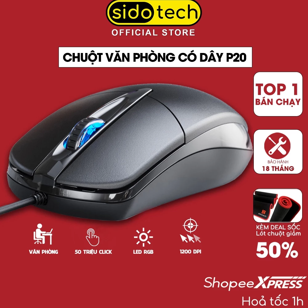 Chuột máy tính có dây văn phòng gaming SIDOTECH P20 giá rẻ Silent tắt âm chống ồn DPI 1200 chơi game cho laptop