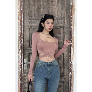 Áo Croptop nữ cổ U tay dài đai eo chéo bụng chất thun lụa mềm – Feliza Clothing