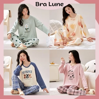 Bộ Đồ Ngủ Nữ Cotton Hoạ Tiết Dễ Thương BRALUNE, Đồ Ngủ Nữ Pijama Thoáng Khí Mềm Mại