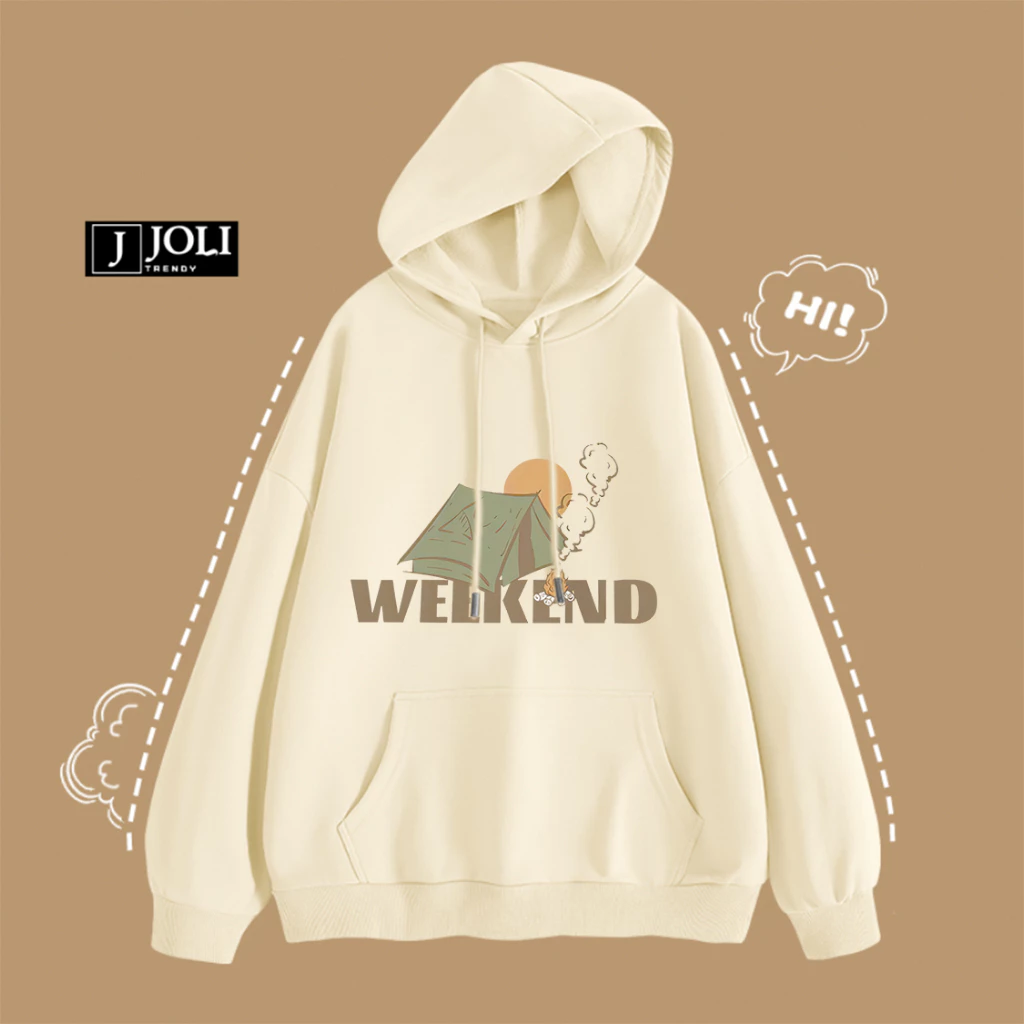 Áo Hoodie Weekend Nam Nữ By JOLI Unisex Chất Nỉ Lót Bông Mũ 2 Lớp Form Rộng