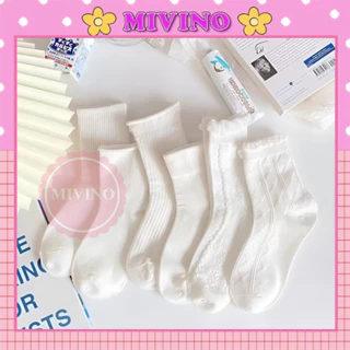 Tất trắng Mivino vớ cổ cao nữ cotton co giãn phối ren bèo dễ thương TN136