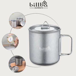 Cốc inox có tay cầm gập lại giả titan có nắp dùng cho sinh hoạt du lịch dã ngoại cắm trại ngoài trời BB4212- Billba outd