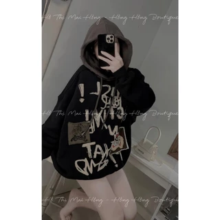 Áo Nỉ Thụng Dài Tay Có Mũ Phối Màu Đen Nâu In Chữ Áo Hoodie Freesize Form Rộng Mũ To 2 Lớp