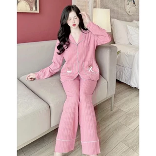 Đồ Ngủ Bộ Pyjama Nữ Tay Dài Túi Gấu Chất Vải Đũi Gân Mềm Nhẹ