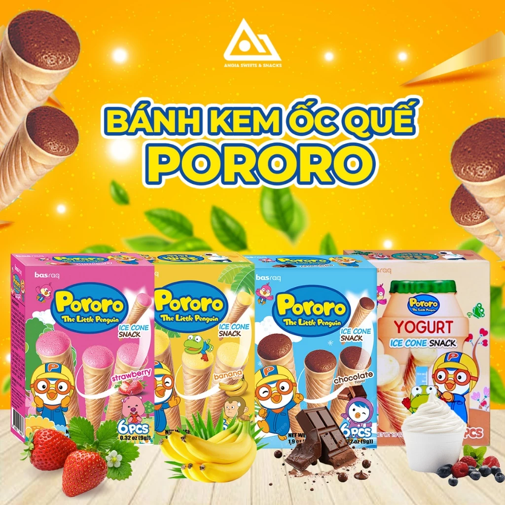 Bánh kem ốc quế Pororo cho bé từ 12m+ Hộp 6 cái (54g)