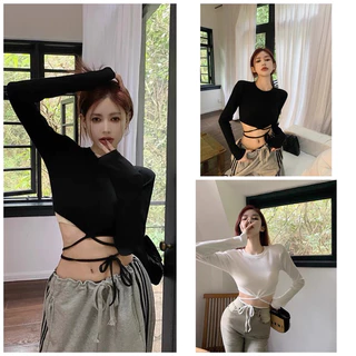 Áo thun cổ tròn croptop tay dài tà nhọn buộc dây siêu chất cho nữ