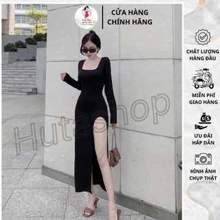 Đầm body dài tay, cổ vuông Huta, váy body dáng ôm dài, thiết kế xẻ tà sexy, chất liệu thun borip co giãn 4 chiều H1110