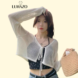 Áo Cadigan Nữ Áo Khoác Len Mỏng Croptop LUHAZO Lưới buộc dây Dệt Kim Tay Dài Dáng Rộng Kiểu Cổ V Hàn Quốc M184 B2-17