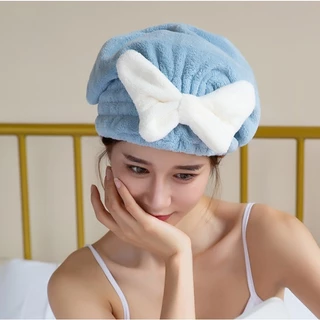 Khăn ủ tóc - Khăn quấn tóc gội đầu cao cấp, vải cotton mềm mại mũ ủ tóc gội đầu hình nơ dễ thương cho nữ