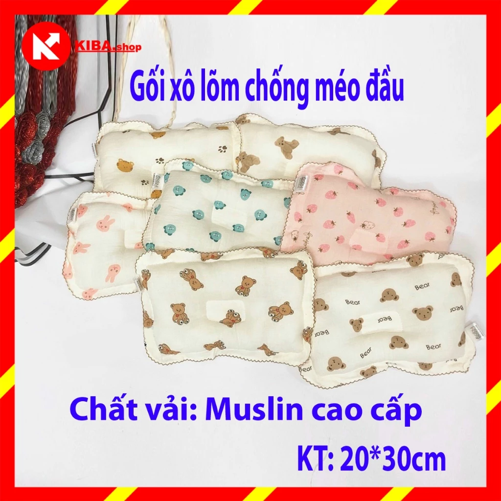 Gối xô lõm chống méo đầu Muslin cao cấp họa tiết xinh xắn cho bé sơ sinh 20x30cm