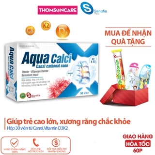 Canxi cho bé Aqua Calci - Giúp bé phát triển chiều cao, giảm loãng xương ở người lớn từ Vitamin D3 K2 - Hộp 30 viên