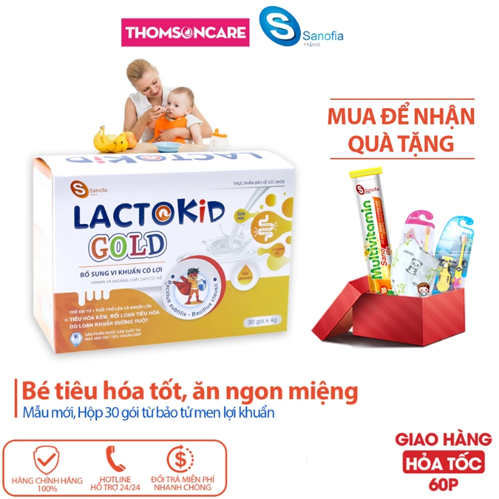 Men tiêu hóa Lactokid Gold - Bổ sung lợi khuẩn, kẽm và vitamin giúp bé tiêu hóa tốt, ăn ngon miệng - Hộp 30 gói