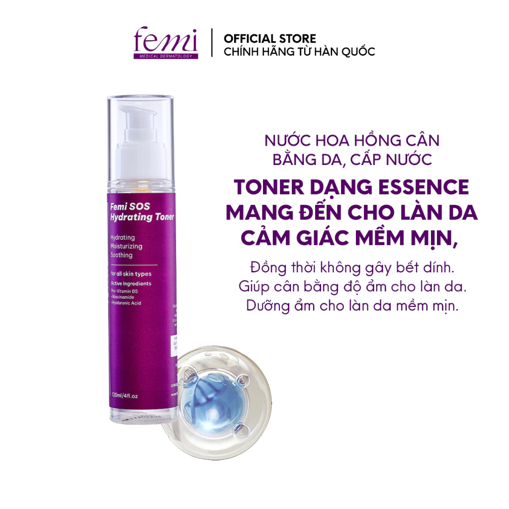 Nước hoa hồng cân bằng da, cấp nước tức thì Femi SOS Hydrating Toner