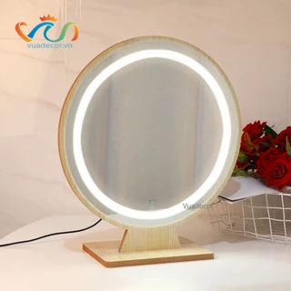 Gương tròn để bàn trang điểm khung gỗ led cảm ứng viền phun cát cao cấp VUADECOR nhiều kích thước