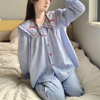 Bộ Ngủ Bộ Pijama TAY DÀI QUẦN DÀI KẺ CARO CỔ SEN NƠ Chất ĐŨI Mặc nhà Cotton