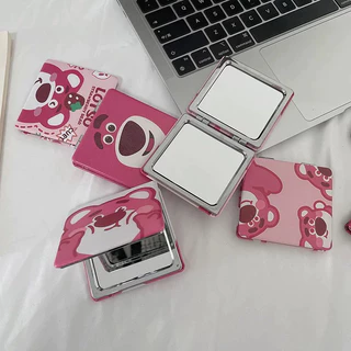 Gương mini gấu dâu Lotso 2 mặt gấp gọn bỏ túi tiện lợi -Gương trang điểm cầm tay gấu hồng Losto hoạt hình dễ thương