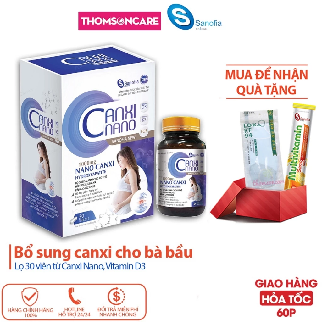 Canxi cho bà bầu, Canxi Nano Sanofia New - giúp giảm nguy cơ thiếu hụt canxi, tốt cho xương và răng - Lọ 30 viên