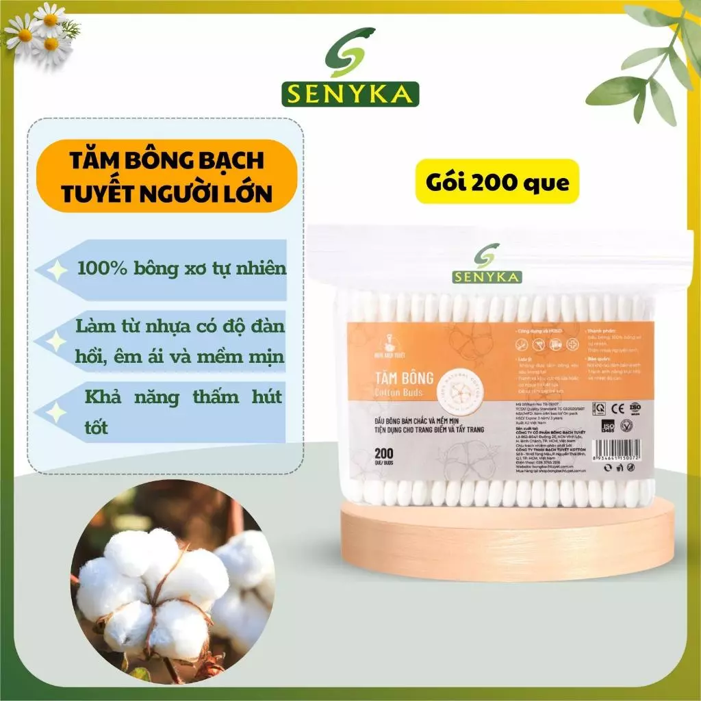 Tăm bông lấy ráy tai vệ sinh ngoáy tai bông bạch tuyết bịch 200 que 2 đầu trang điểm mềm mịn tiện dụng an toàn