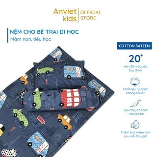 Nệm cho bé trai đi học mầm non tiểu học Cotton Satin Anvietkids cao cấp, hình khủng long, ô tô, vũ trụ, phi hành gia..