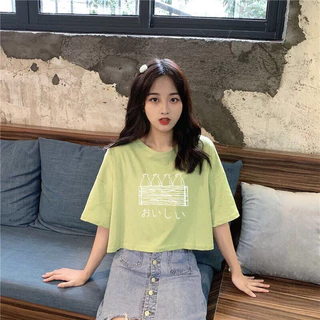 Áo Croptop Thun Cotton 100% Form Rộng Tay Ngắn Cổ Tròn Hình In Họa Tiết 0023