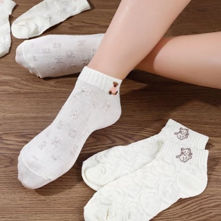 Sét 10 đôi tất nữ cổ ngắn cotton gân nổi thoáng khí màu trắng