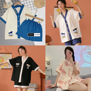 Bộ ngủ kimono ngắn Tú Cẩm siêu hot.Bộ đồ ngủ kimono đùi chất đũi xốp mềm freesize