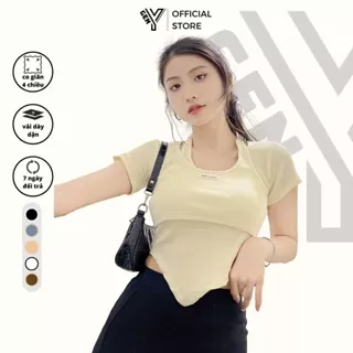 Áo croptop nữ GenY ngắn tay cổ giả yếm phối xích thiết kế vạt nhọn hack eo tôn body chất vải thun gân dày dặn C10