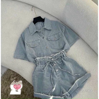 [10,10 Sales Freeship] Set bộ đùi jean hot, set bộ sơ mi jean tay ngắn phối túi mix quần short đùi cột dây năng động dx