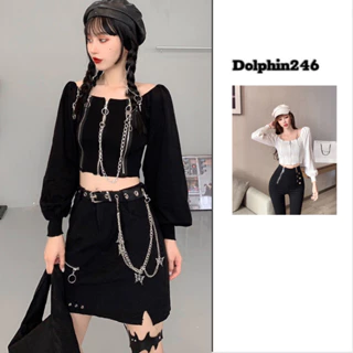 Áo croptop dài tay kiểu trễ vai hở vai sexy dáng ngắn phong cách cá tính Hàn Quốc phối dây xích nổi bật M183 K2-10