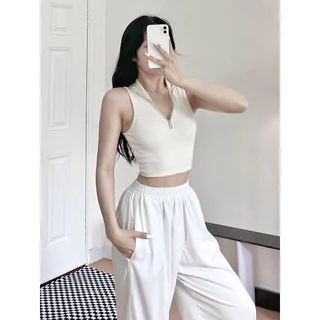 Áo croptop sát nách phối khoá kéo, chất thun gân co giãn tốt