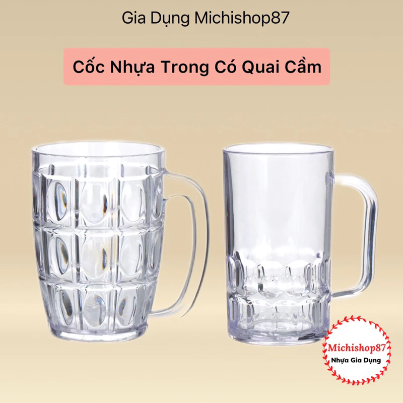 Cốc Nhựa Trong Giả Thủy Tinh Uống Bia, Cốc Uống Trà Đá Loại Lớn Có Quai Chịu Nhiệt Tốt