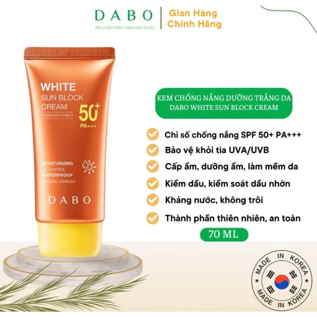 Kem chống nắng trắng mềm da hàn quốc Dabo Whitening Sunblock Spf 50 pa+++ Hàn quốc -70ml Hàng chính hãng.